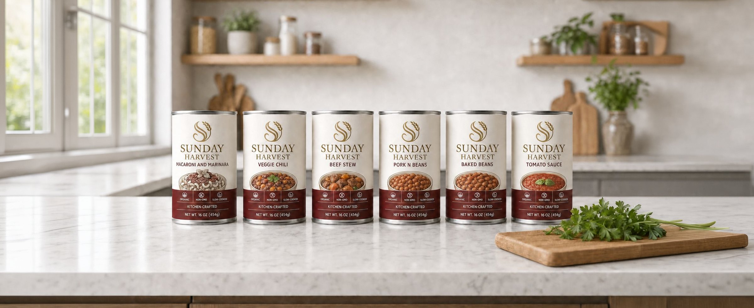 Six Sunday Harvest cans lined up on a marble kitchen counter beside a cutting board with fresh parsley