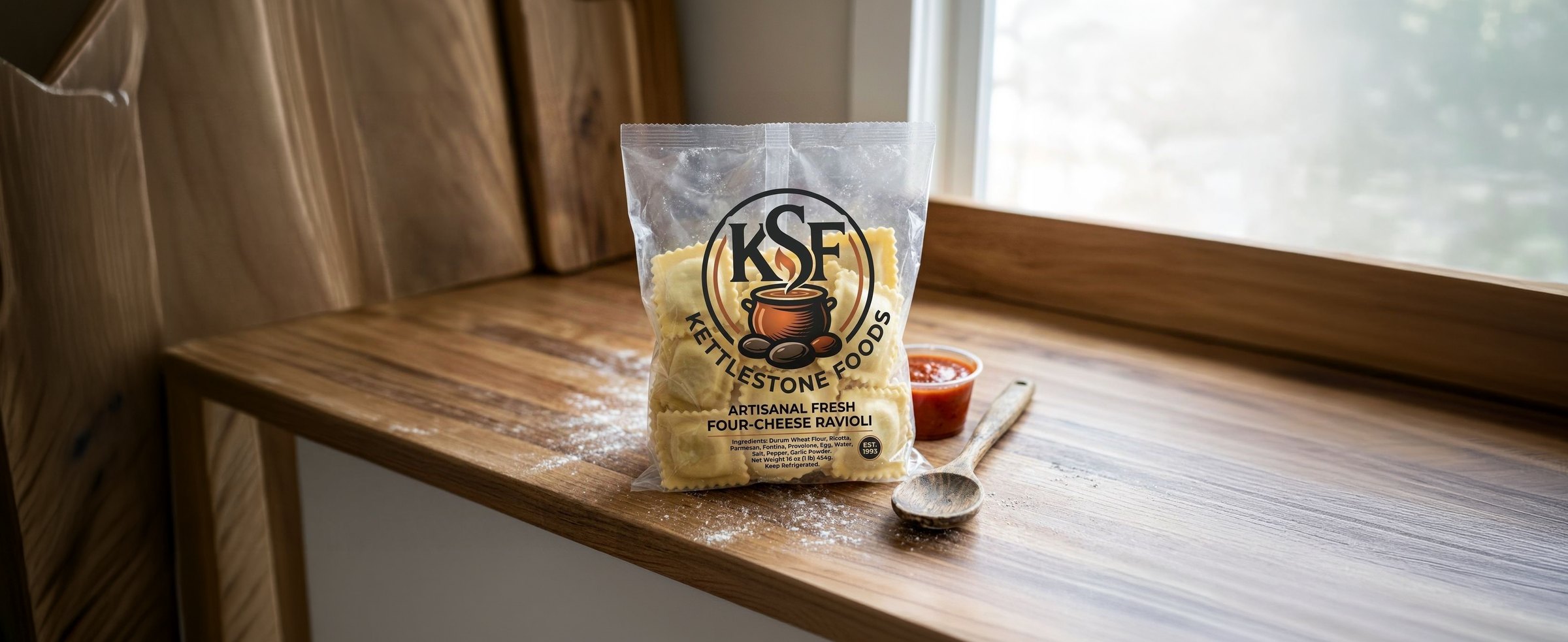 KettleStone Foods artisanal fresh four-cheese ravioli in retail packaging