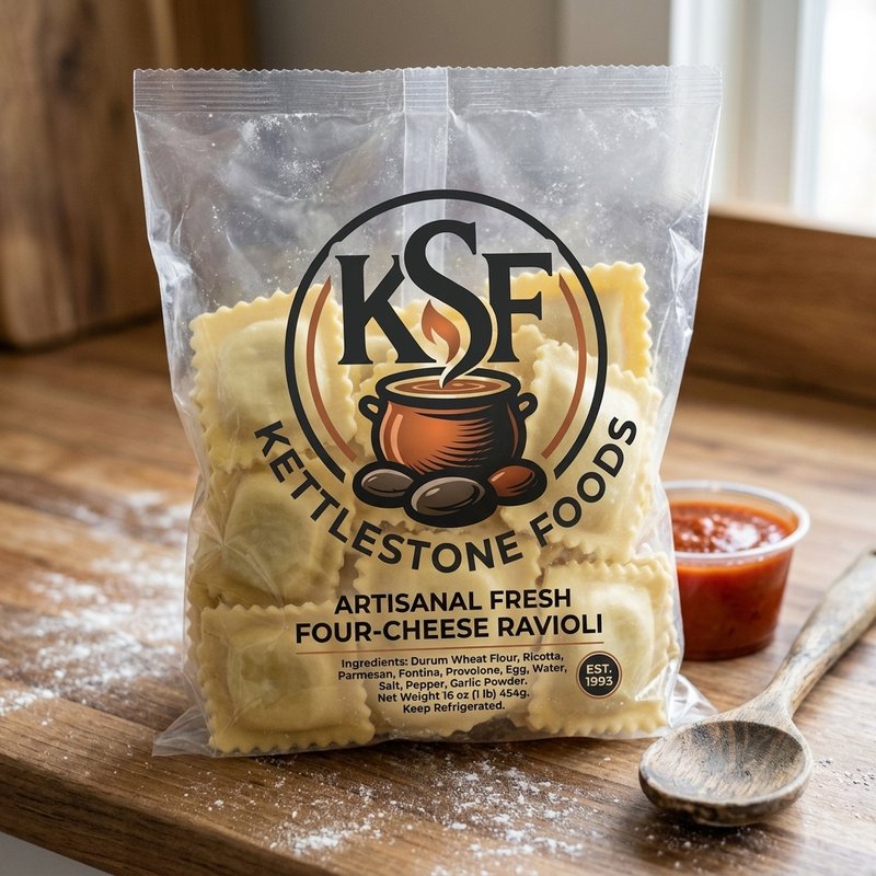 Fresh-frozen pasta in KettleStone Foods packaging