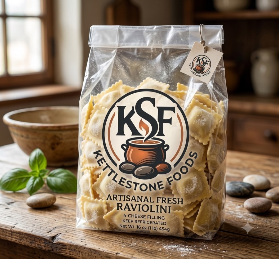 KettleStone Foods raviolini in retail packaging