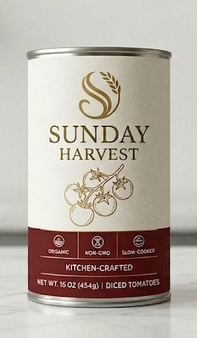 Sunday Harvest diced tomatoes can, the approved label design